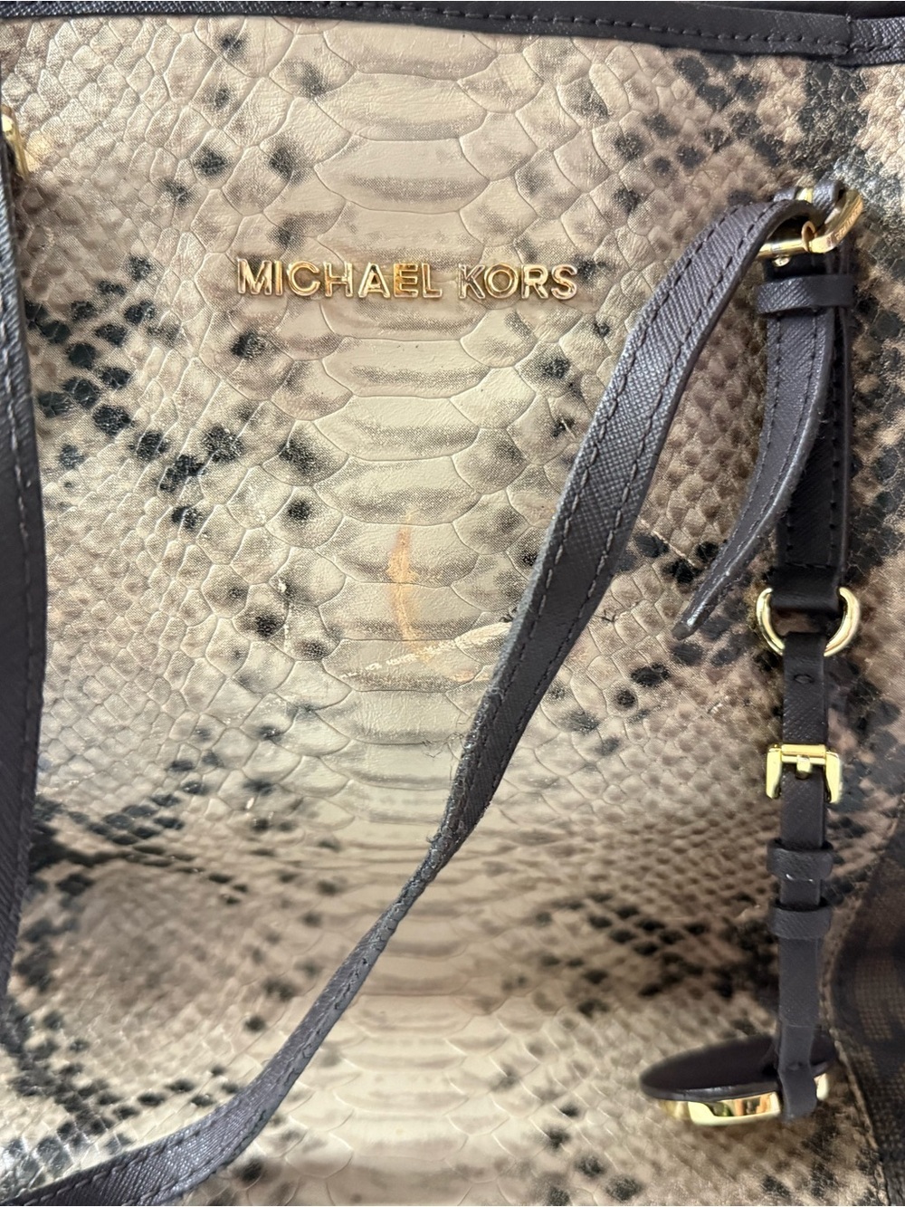 Michael Kors Taupe and Black Snake-Print Shoulder Bag with Gold Hardware
